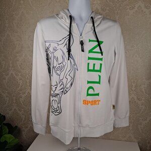 Plein Sport Size Large White Zippered Hoodie Long Sleeve Logo Tiger NWT